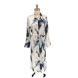 00756 H&M Cloud Print Midi Shirtdress Ivory Blue Size Large Business casual